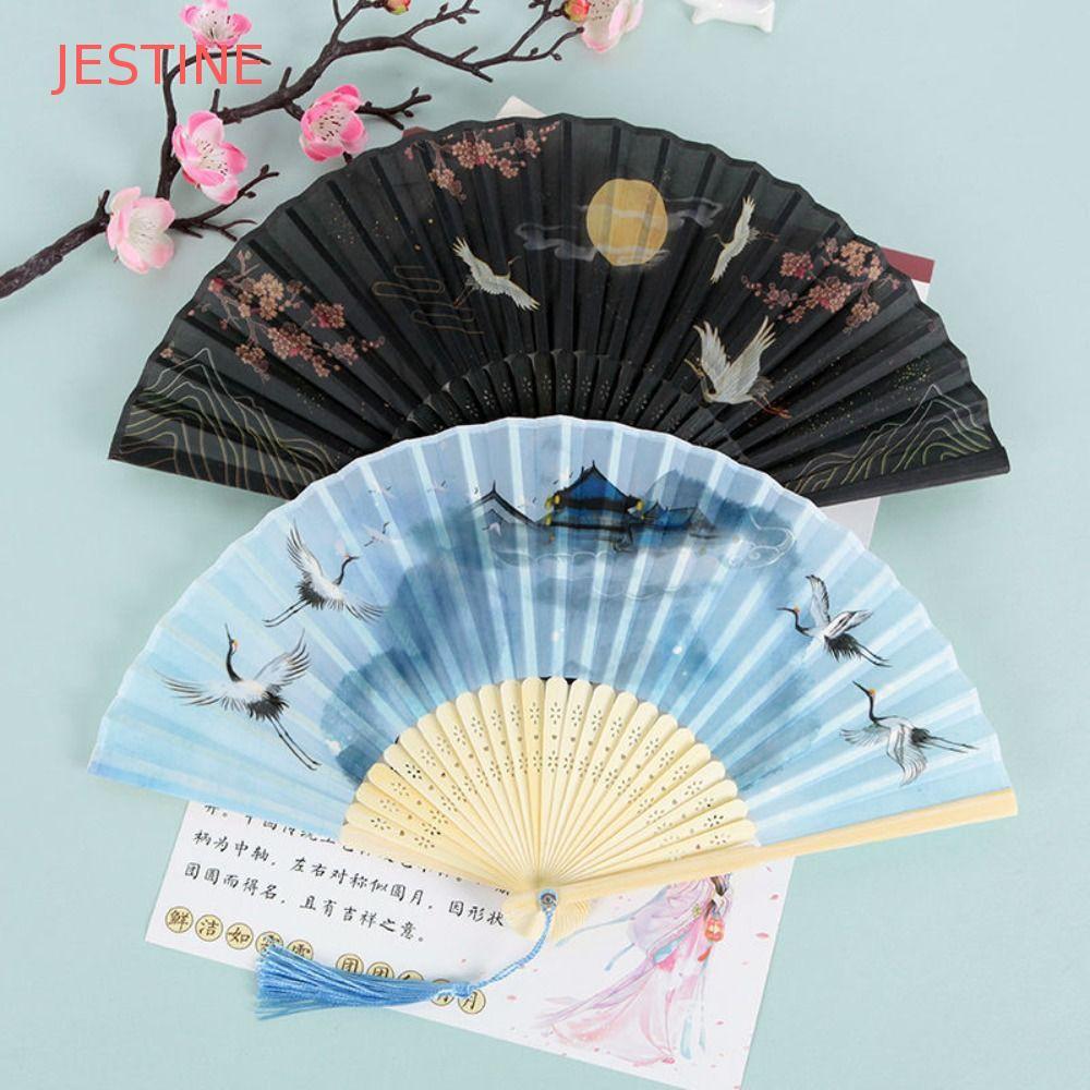 JESTINE Adereços Ventilador , Dobrável Feito À Mão Portátil , Sem Deformação Estilo Antigo Alça De Bambu Feminino