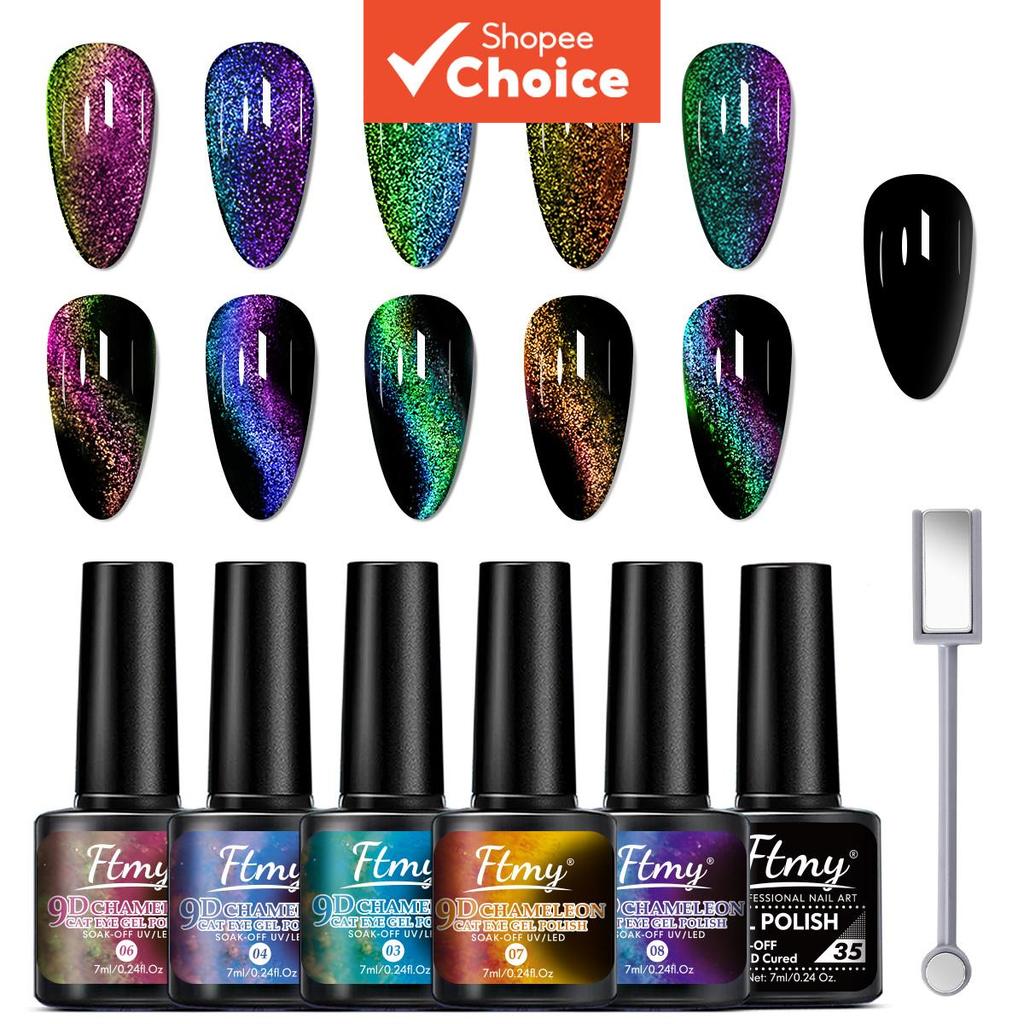 Conjunto de esmalte gel olho de gato FTMY, com bastão magnético, óleo base preto e 5 frascos de esmalte gel olho de gato