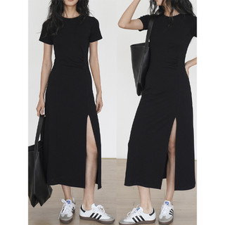 Design fenda vestido de manga curta feminino verão temperamento fino ajuste A linha saia longa comprimento médio sobre o