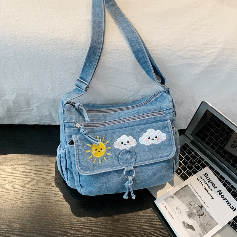 ** Bolsa de ombro bordada elegante, bolsa de Material jeans, alça de ombro ajustável, forte e resistente ao desgaste