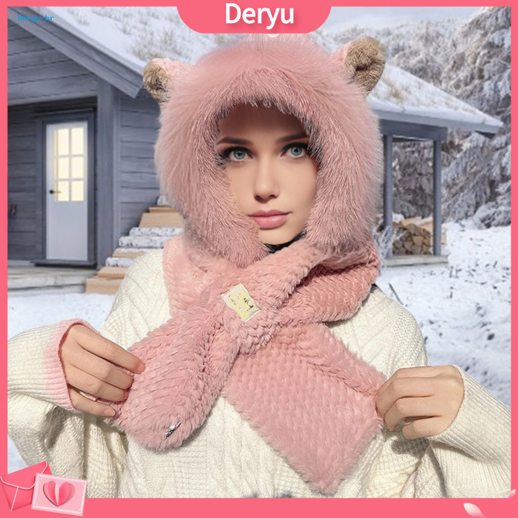 Elastic Hat Cold Weather Headwear Thermal 2-in-1 Scarf with Bear Ear Decor for Autumn Winter Outdoor Activities Skiing C