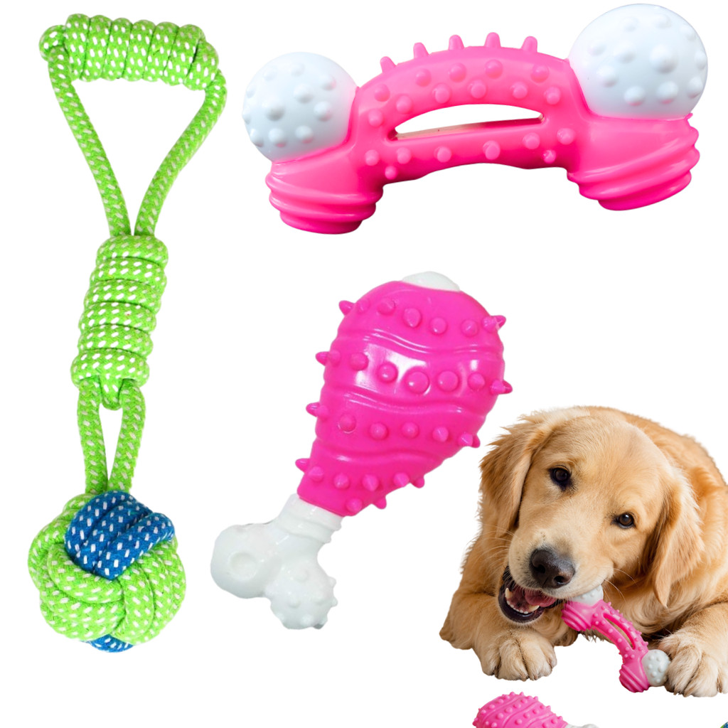 Kit 3 Brinquedos para Cachorro Forte 2 Mordedor Osso Nylon + 1 Puxados Corda Resistente