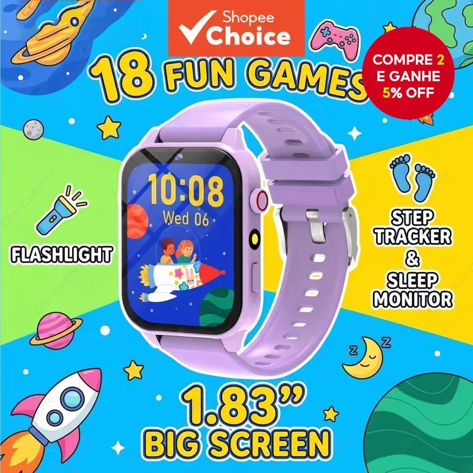 Relógio Inteligente Infantil com 18 Jogos Divertidos, Tela Touch 1.83, Câmera HD e Despertador, Monitoramento de Sono,