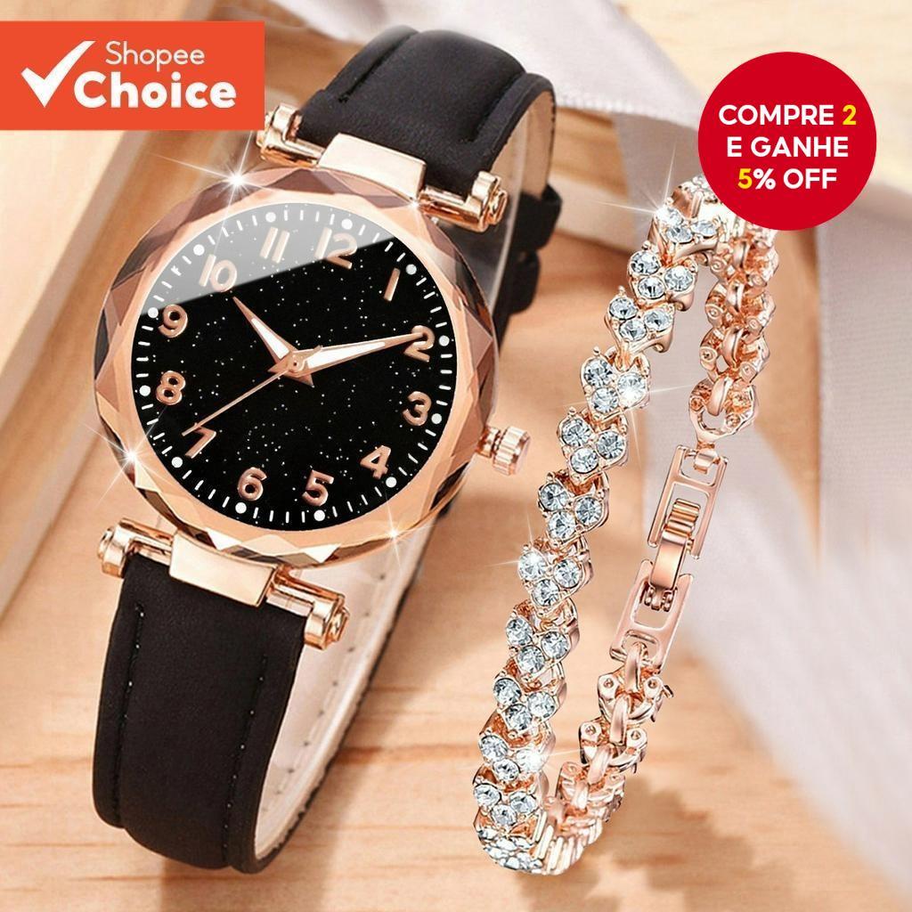 Relógio De Quartzo Feminino Elegante-Pulseira De Couro Com Marcações De Escala E Coração Cravejado De Diamantes