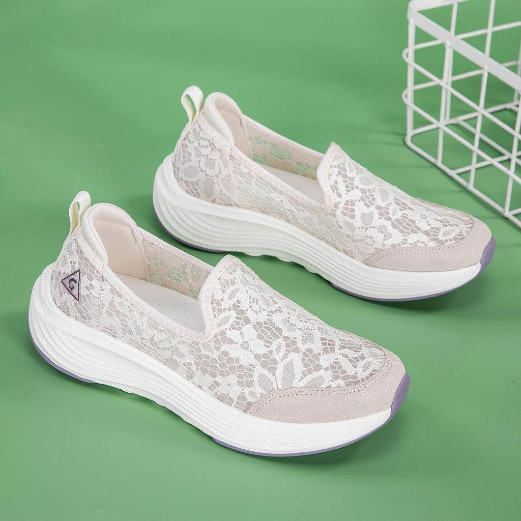 Sapatos femininos de malha de renda deslizamento em sapatos esportivos casuais sapatos de boca rasa sapatos de caminhada