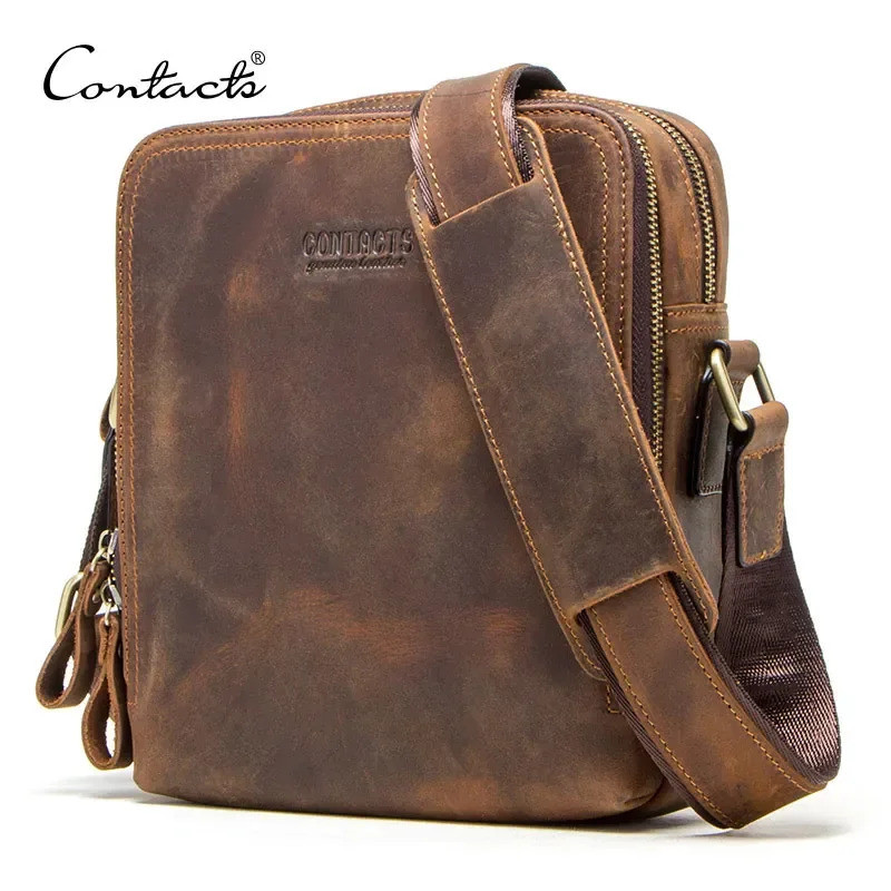 Bolsa Mensageiro Masculina de Couro Genuíno da CONTACT'S, Bolsa de Ombro Vintage