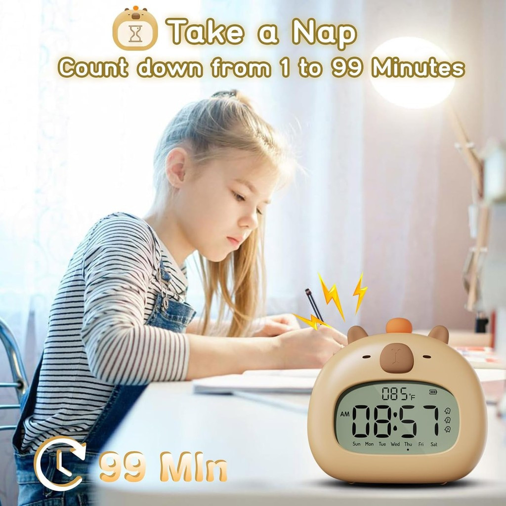 CAPYBARA Relógio Despertador Sem Fio para Crianças, Relógio Digital Minimalista com Bipe Alto e Luz Noturna Ajustável 38