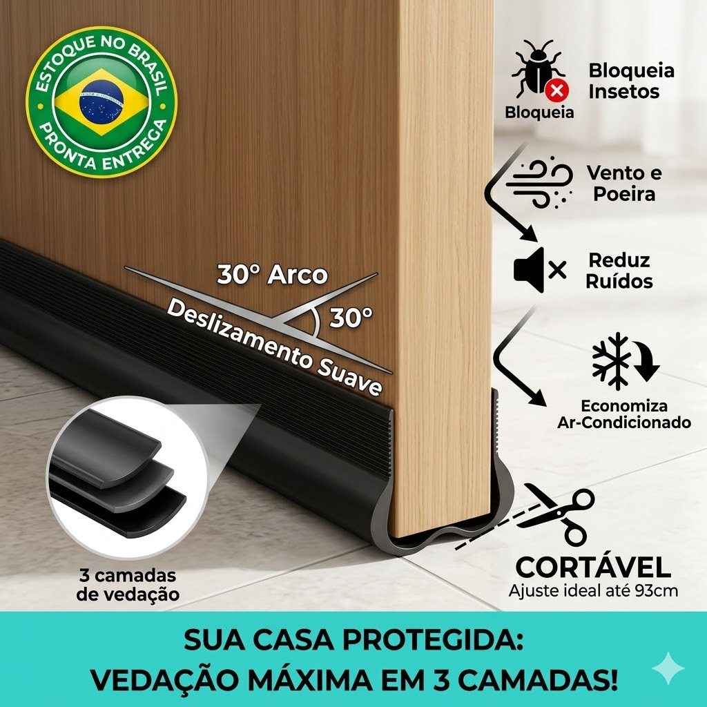 Protetor Veda Porta Adesivo PVC Flexível 93cm Contra Insetos Ratos Poeira Vento Isolamento Acústico Cortável 3 Camadas