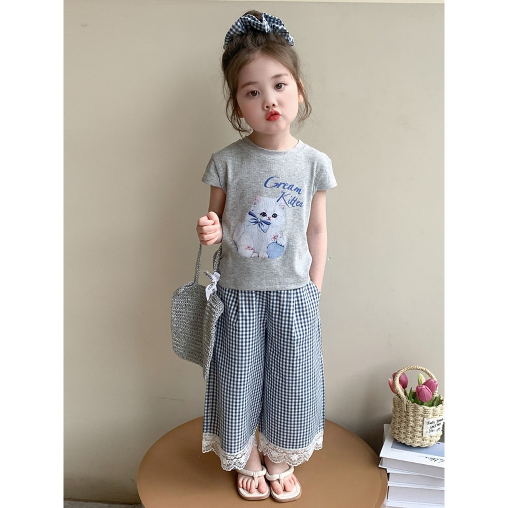 Menina verão gatinho xadrez terno moda menina bebê verão versão solta calças xadrez terno de duas peças na moda