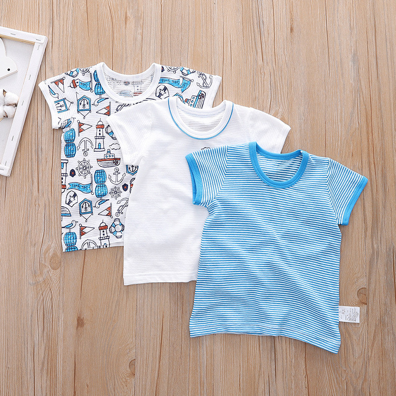 Preço de 3 peças!Japonês fino respirável de manga curta puro algodão camiseta Slub algodão oceano meninos crianças bebê 
