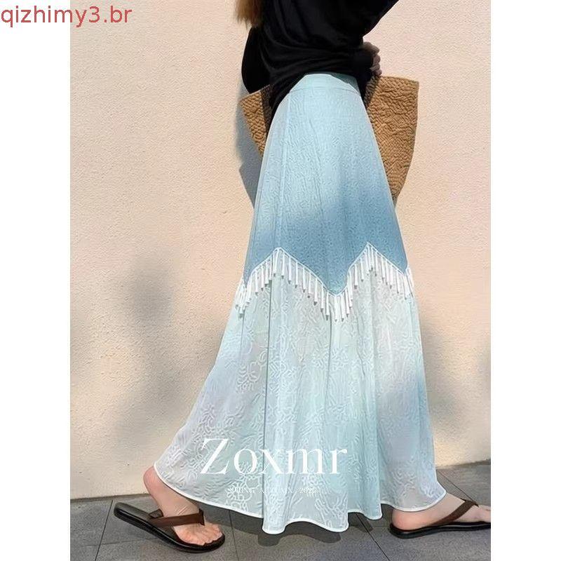 Saia elegante com painéis na cintura e franjas em azul, projetada para mulheres de estatura baixa, design exclusivo, sai