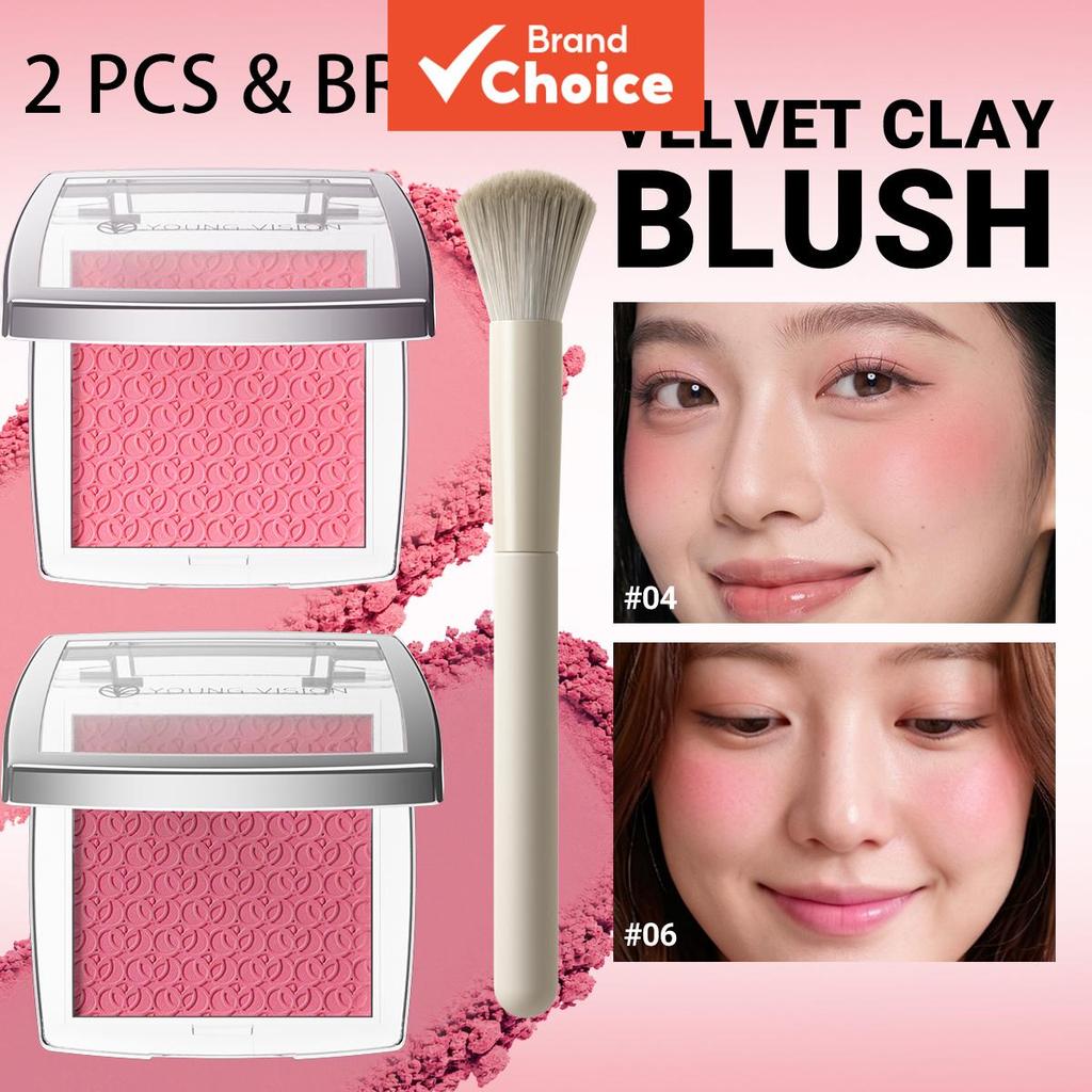 Conjunto de Blush em Pó Aveludado com Pincel de Maquiagem, 2 Peças, Longa Duração, Pigmentação Matte, Kit de Maquiagem