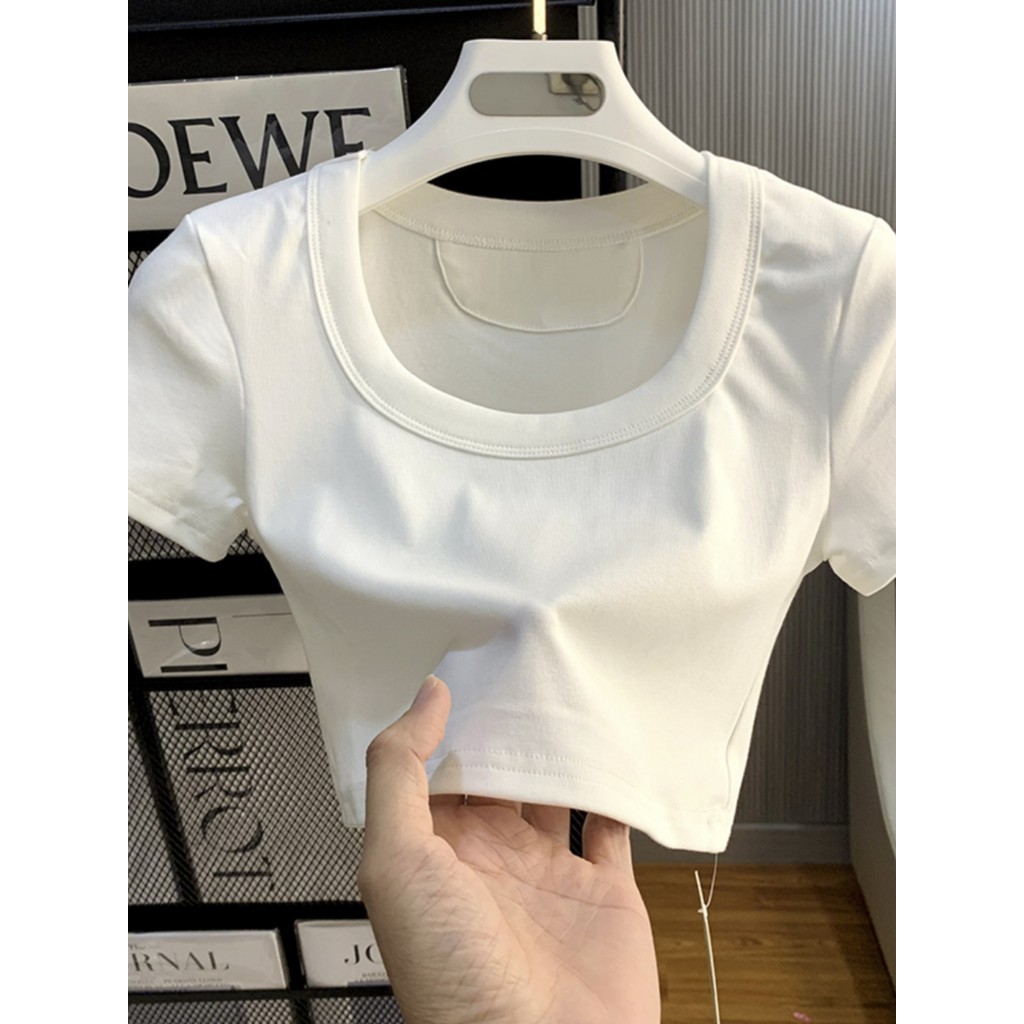 Vestido de verão de algodão branco fino-ajuste magro u-pescoço recortado de manga curta camiseta feminina exterior Wear