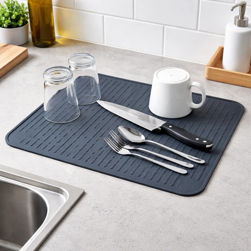 Tapete Escorredor Silicone Preto Antiderrapante Secar Louças Copos Talheres Pia