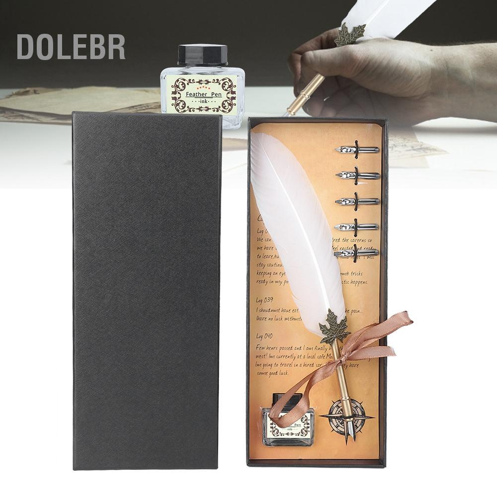Dolebr Tubo de caneta de metal retrô, pontas de aço inoxidável, pena de escrita com caixa de embalagem (branca)