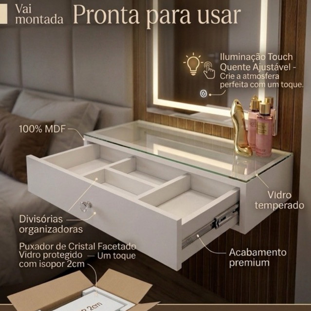 Kit Penteadeira 90CM De Vidro Com Espelho LED Camarim Escrivaninha