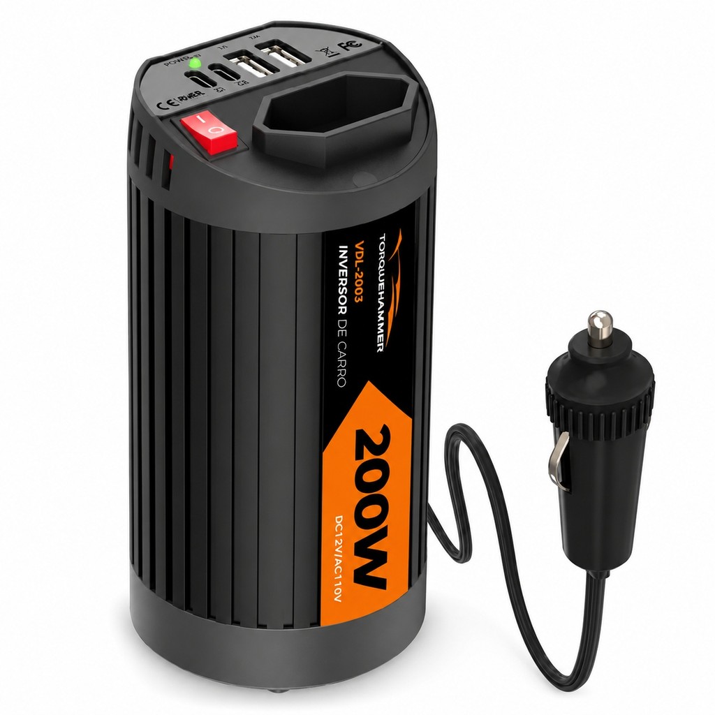 Fonte Inversora Veicular 200W Carregador Carro Notebook Celular USB C Tomada VPL-3603