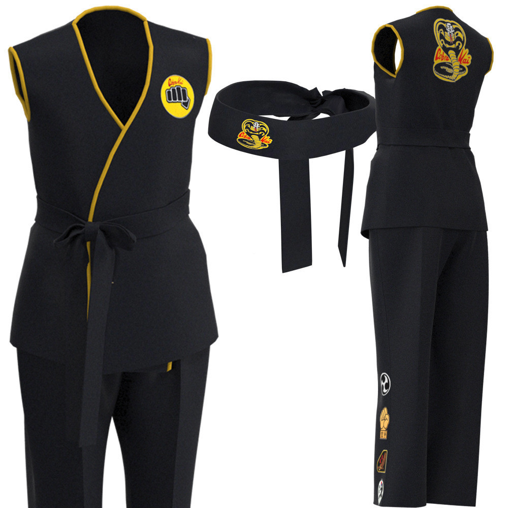 Fantasia de Cosplay Infantil Cobra Kai Karate, Uniforme de Quimono Preto para Crianças e Adultos, Traje para Festa de Ca