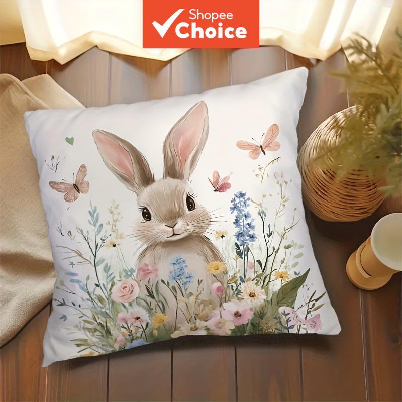 Capa de Almofada Coelhinho da Páscoa Macia e Flores - Design Fofo de Coelhinho