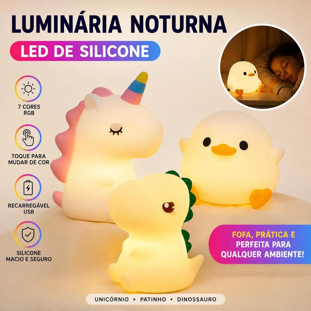 Luminária LED Infantil Silicone RGB Recarregável USB Unicórnio Patinho Dino Luz Noturna