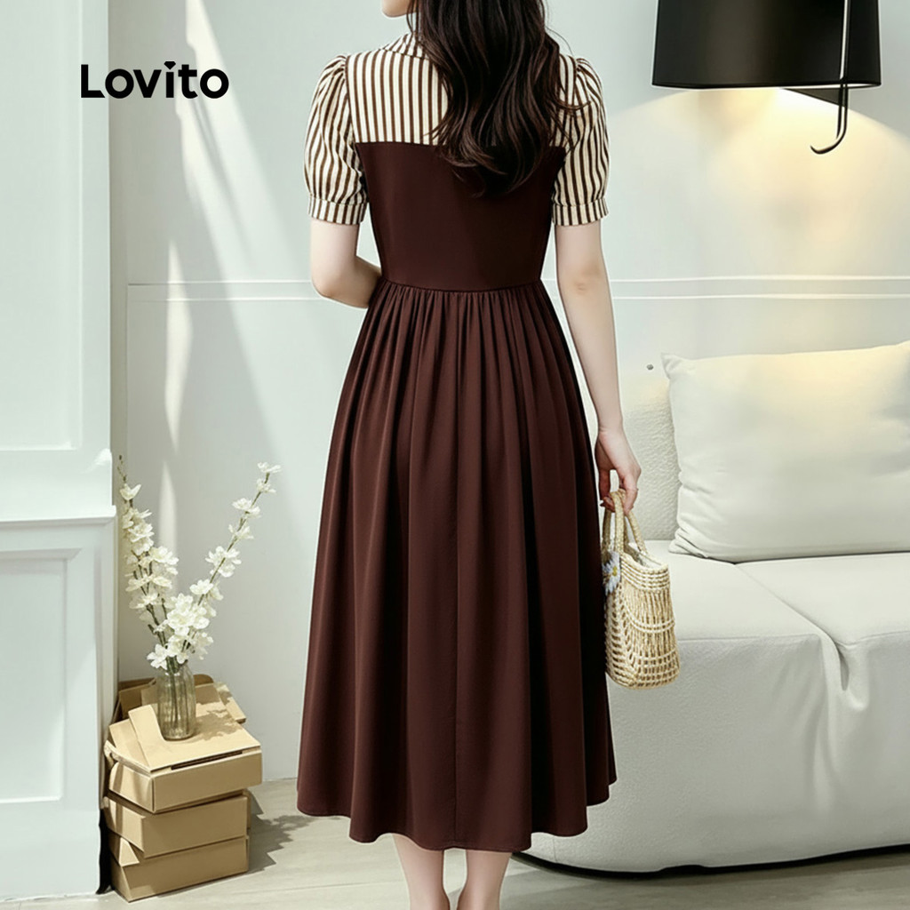 Lovito Vestido Casual Feminino de Primavera/verão em Marrom Chocolate com Costura em Tecido Zíper e Pregas LBL35072 · foto 2