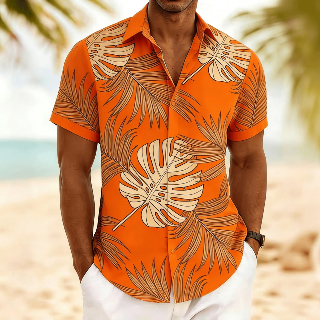 Camisa Masculina De Manga Curta Com Estampa De Monstera E Folha De Palmeira , Blusa Minimalista De Férias Havaianas Prim