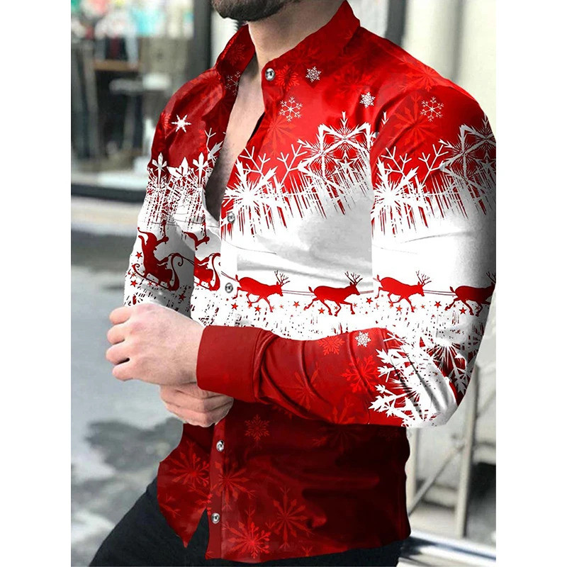 Camisas Sociais Masculinas da Moda com Gola Dobrada e Botões, Estampa Casual de Natal, Manga Longa # Cardigã de Festa pa
