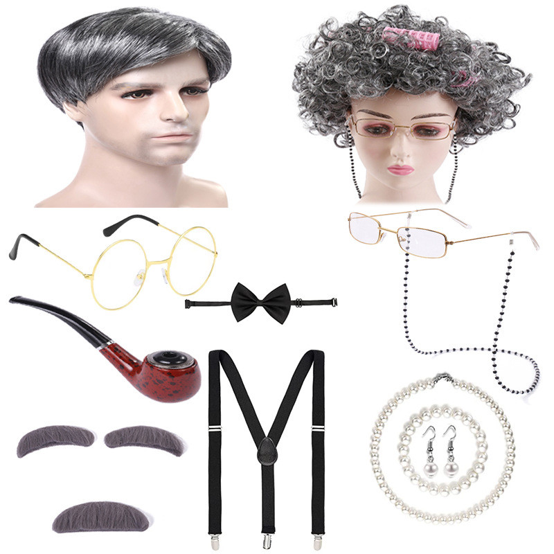 Peruca de Halloween velho senhora combinação conjunto masculino feminino mesmo estilo peruca conjunto curto cabelo encar