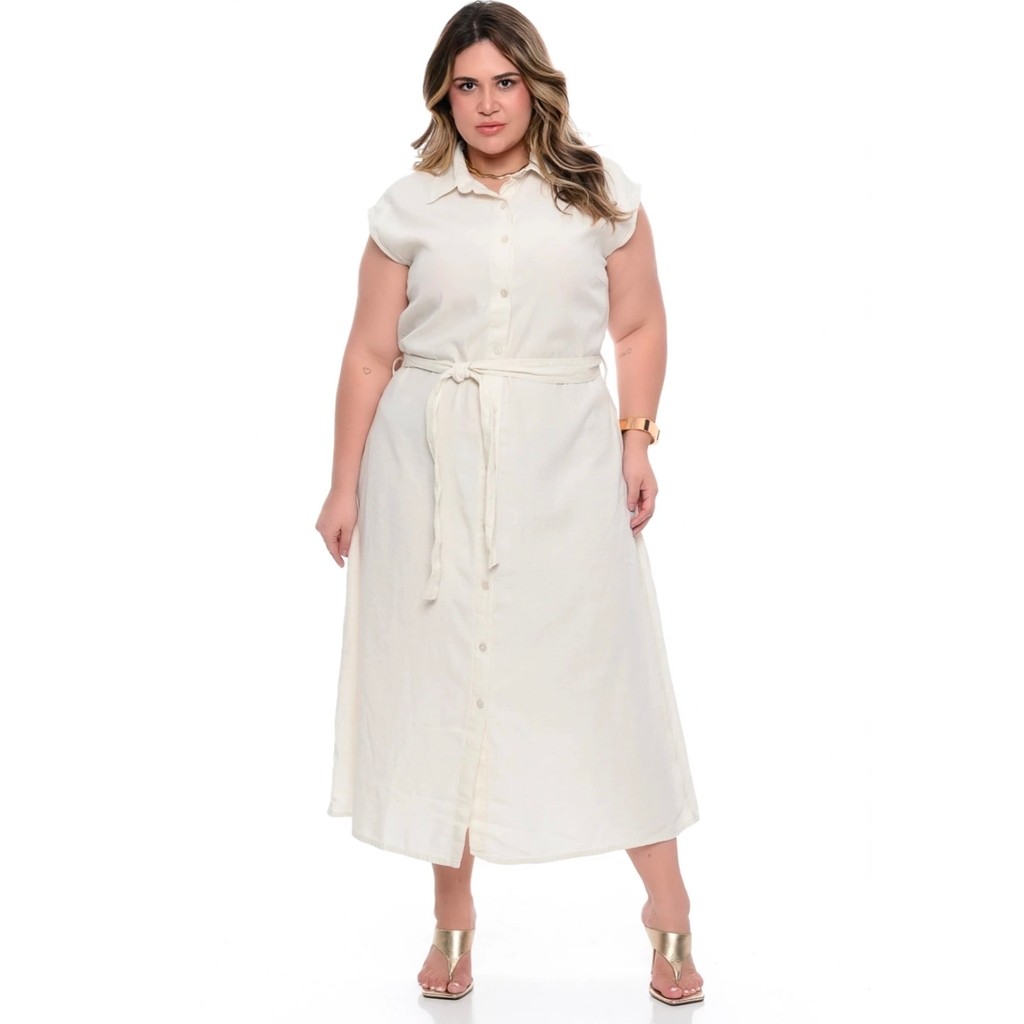 VESTIDO MIDI PLUS SI\E ATÉ O G4 COM CINTO OFF WHITE CAMBOS