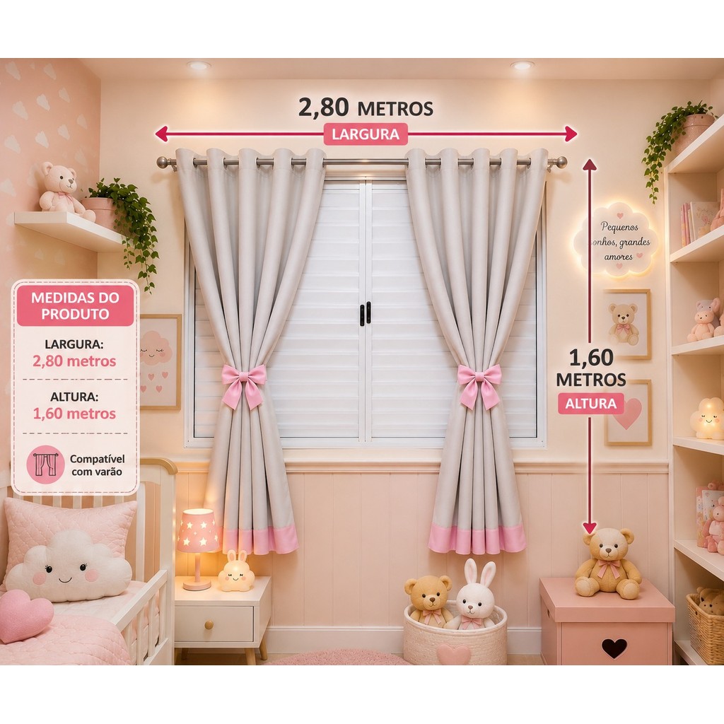 Cortina Menina 2,80 x 1,60 Laço e Barra Rosa Blackout PVC