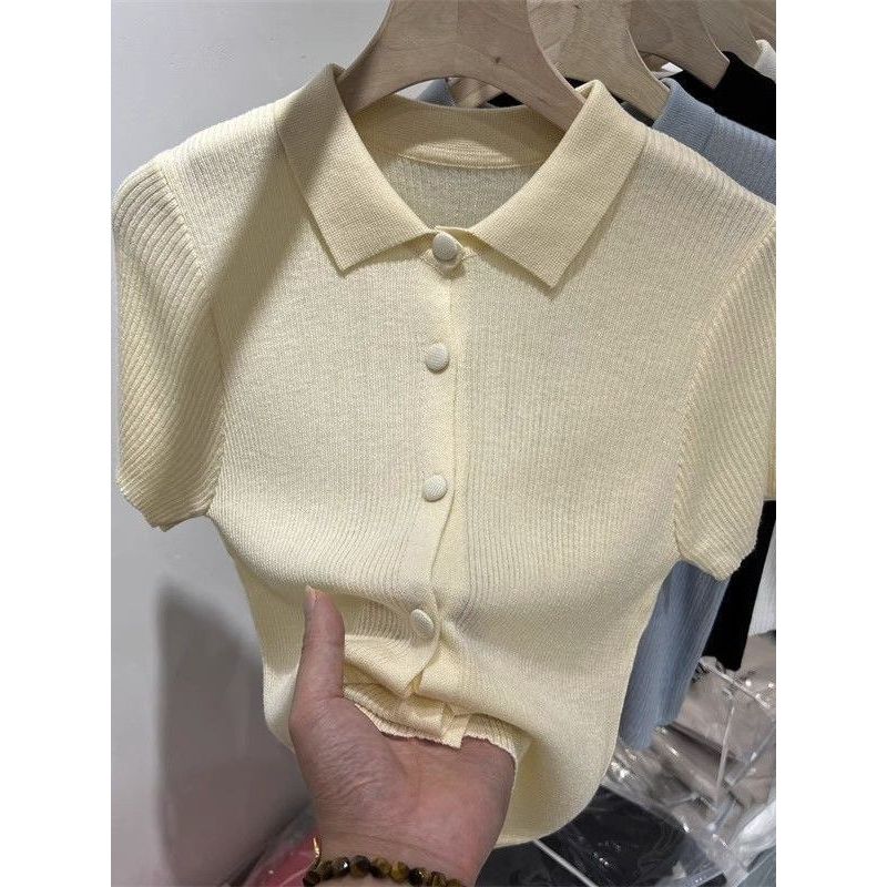 Gola Polo de manga curta malha Cardigan exterior Wear feminino verão estilo simples elegante All-Ma