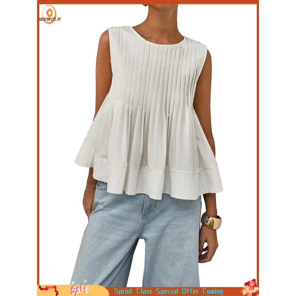 [Best seller] Blusa Feminina De Verão Plissada Peplum Sem Mangas Regata Gola Redonda Babydoll Y2K