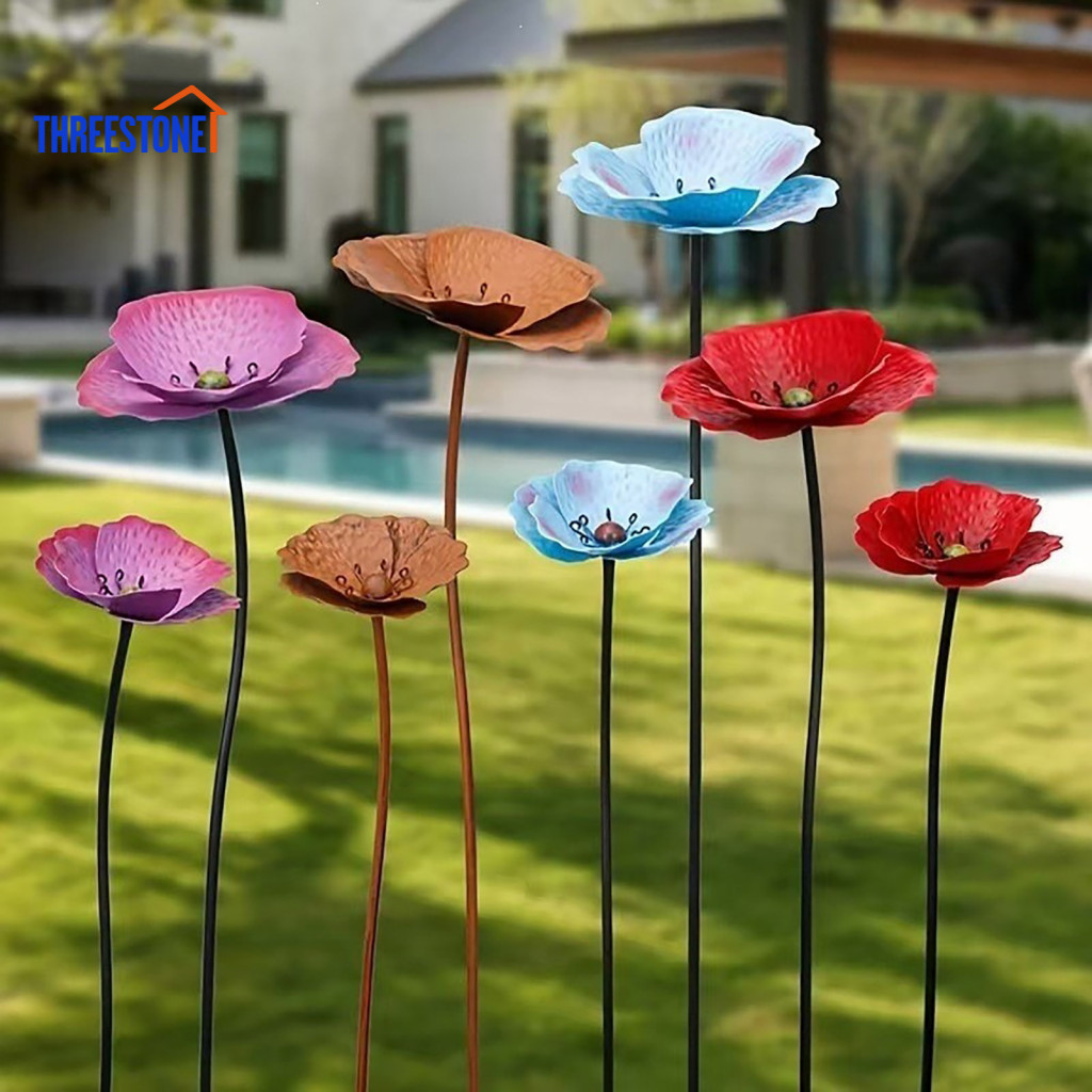 Outdoor Metal Garden Art 3d Flower Sculpture 2pcs Stakes Decorative Yard Durable Plant Markers for Lawn Walkway Bed for