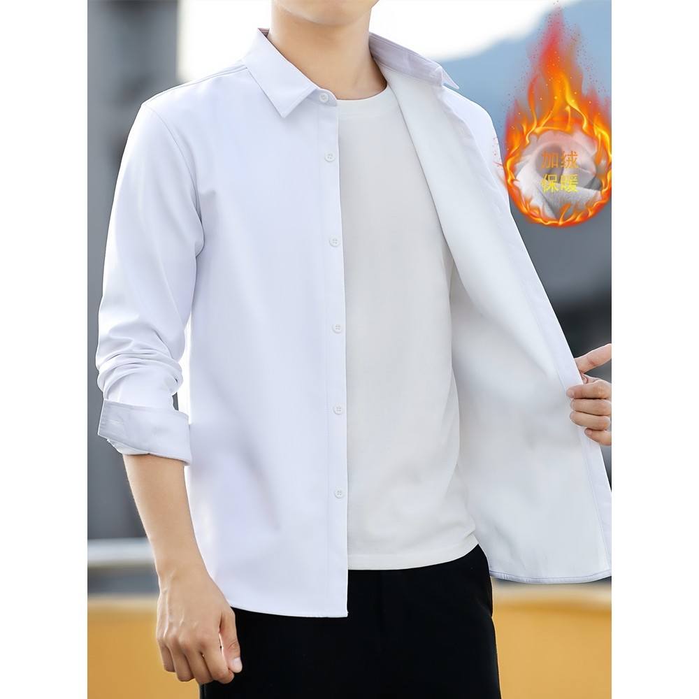 2024 inverno quente camisa masculina de manga comprida cor sólida engrossado camisa branca na moda exterior usar camisa 