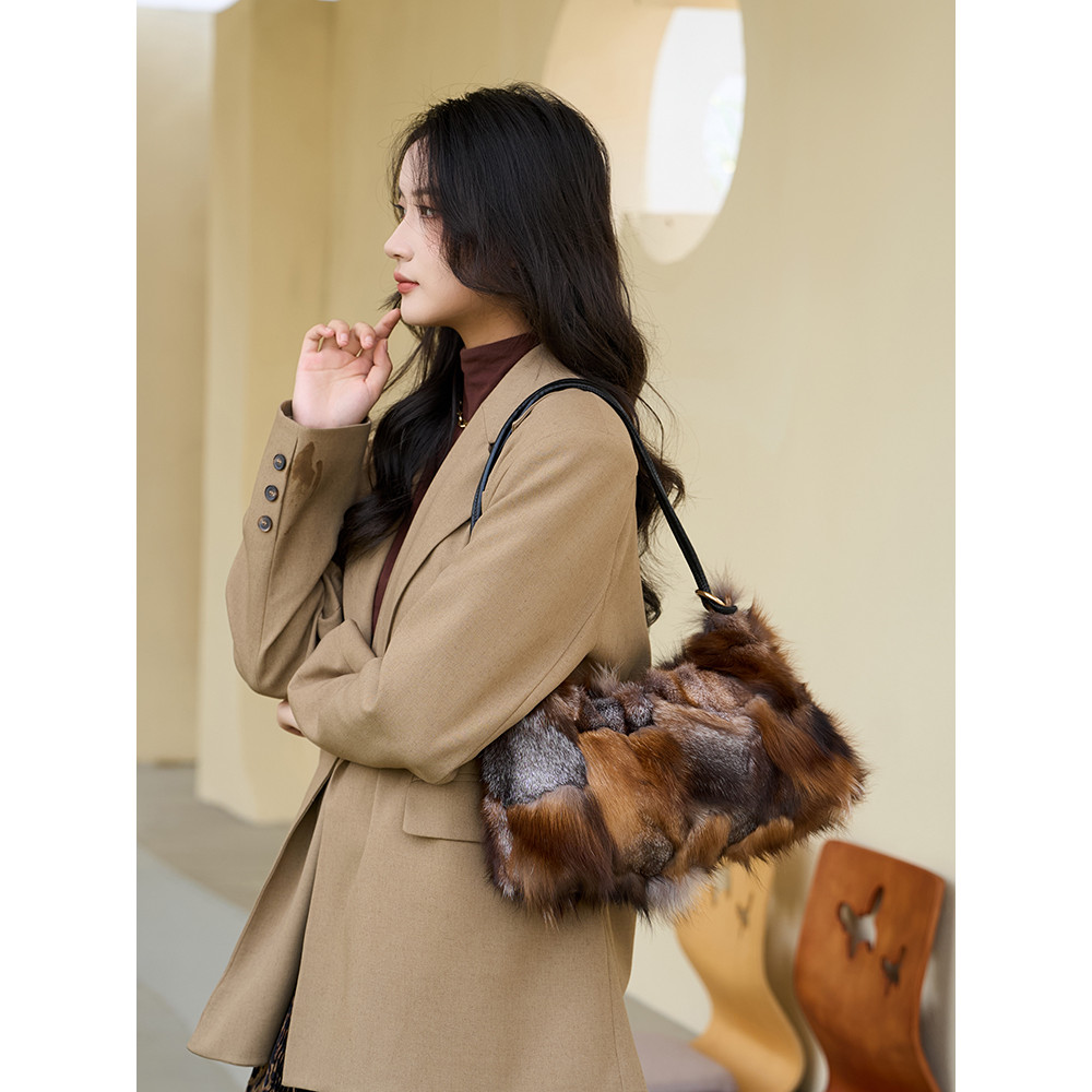 Saco de pele de raposa High-End sentimento saco de pele Real Retro crescente saco grande capacidade bolsa Commuter axila