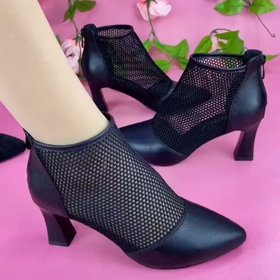 Wenzhou novo estilo primavera outono botas de rede femininas oco salto médio net gaze sandálias femininas salto grosso B