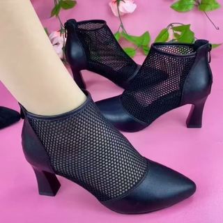 Wenzhou novo estilo primavera outono botas de rede femininas oco salto médio net gaze sandálias femininas salto grosso B