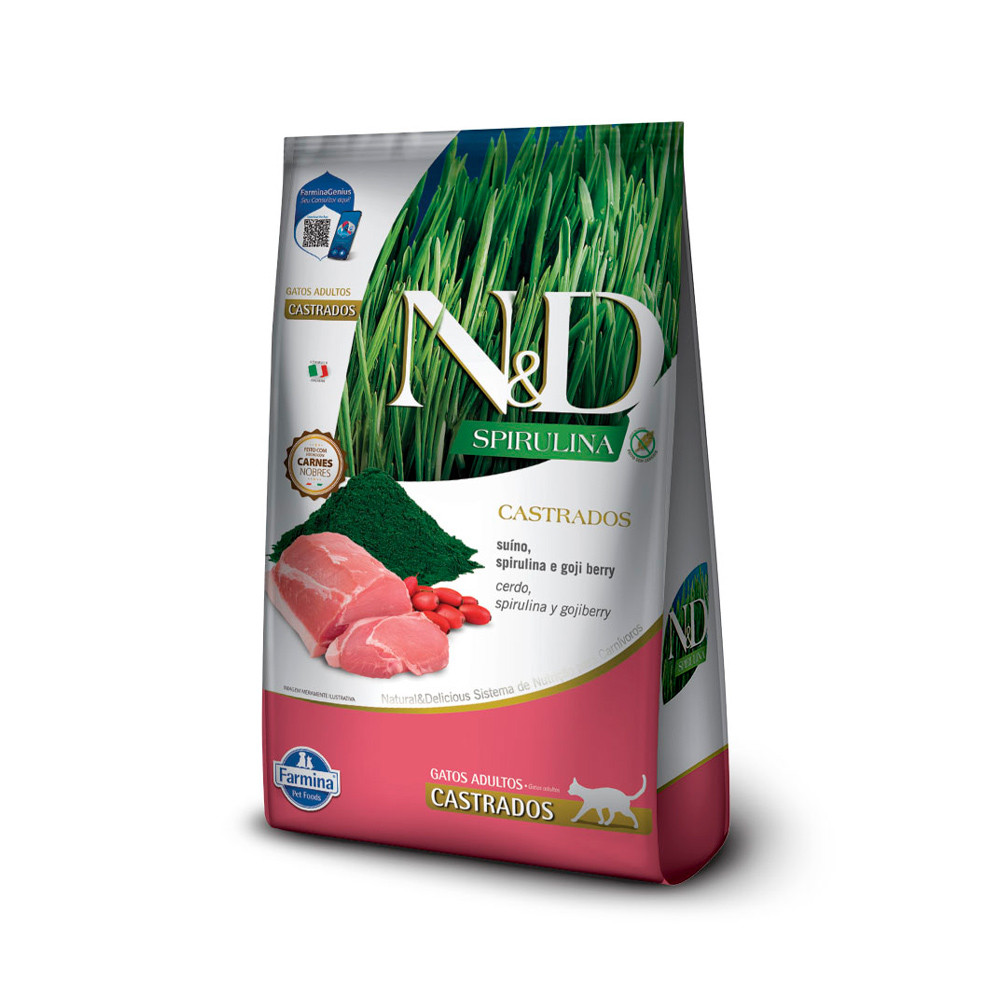 Ração N&D Spirulina Gatos Adultos Castrados Suíno 1,5kg Farmina Premium