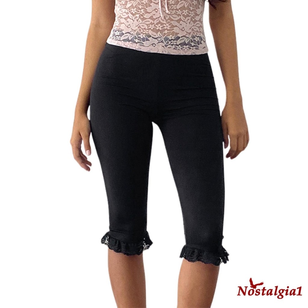 NIT – Calça Capri Feminina Cintura Alta Renda Guarnição Verão Casual Cortada Stretch Crop Leggings