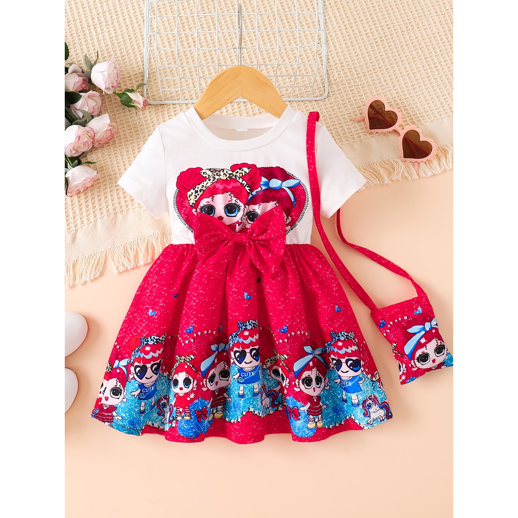 Comércio exterior INS infantil jovem bebê verão manga curta dos desenhos animados menina arco costura bolsa vestido