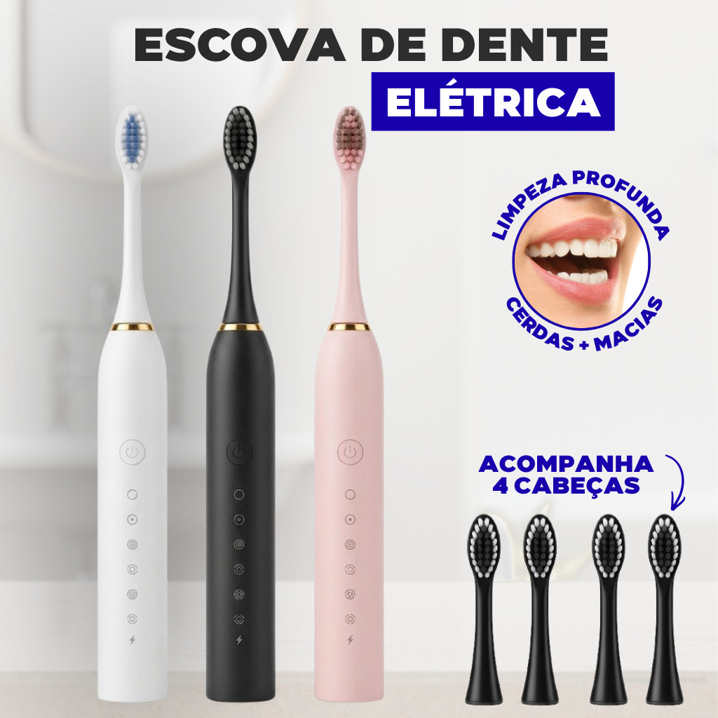 Escova de Dentes Elétrica Sonic + 4 Refis Grátis - Recarregável A Prova D'água