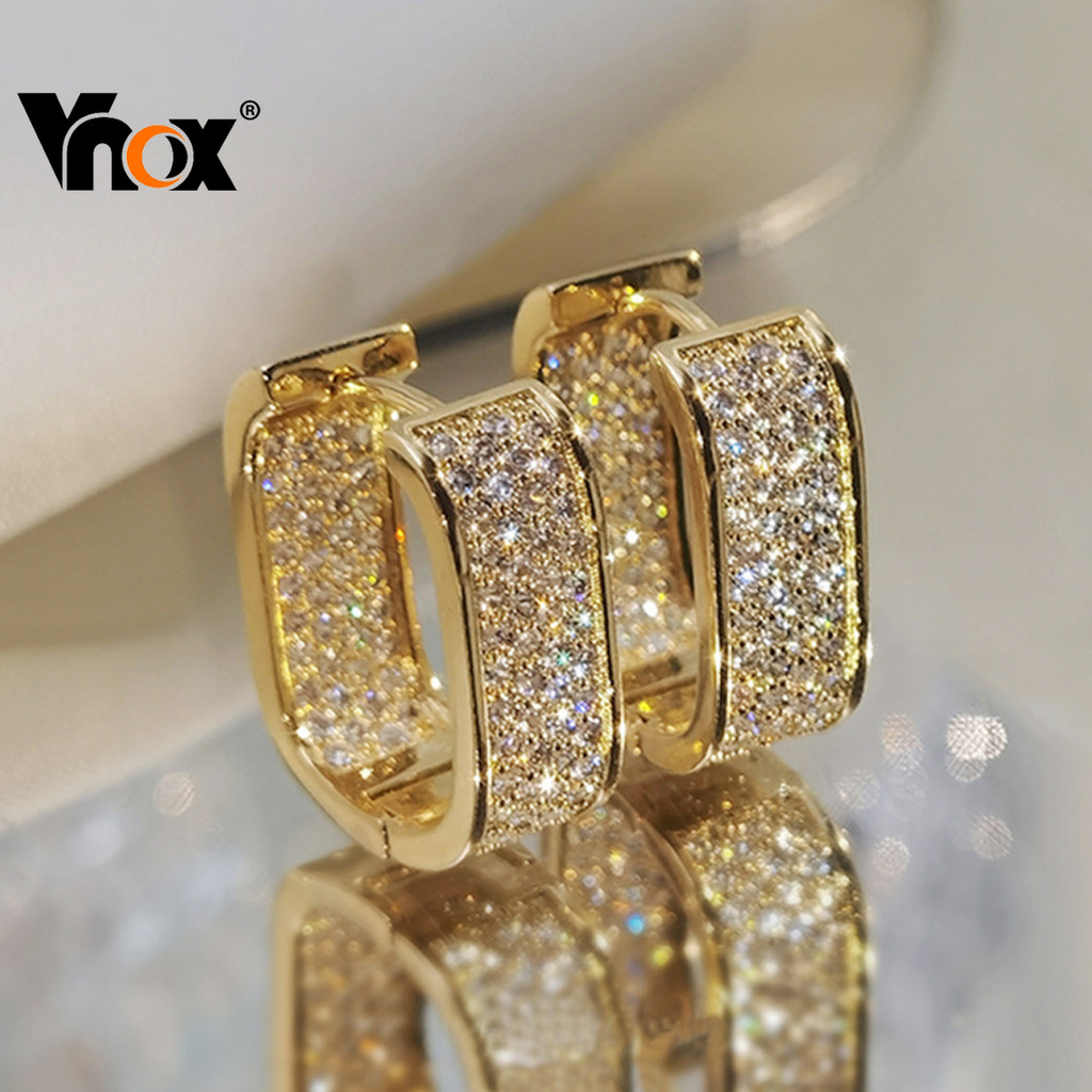 Brincos De Argola Largos De Zircônia Completa Dourada Elegante Vnox Para Ela , Design Hipoalergênico , Presente Atempora