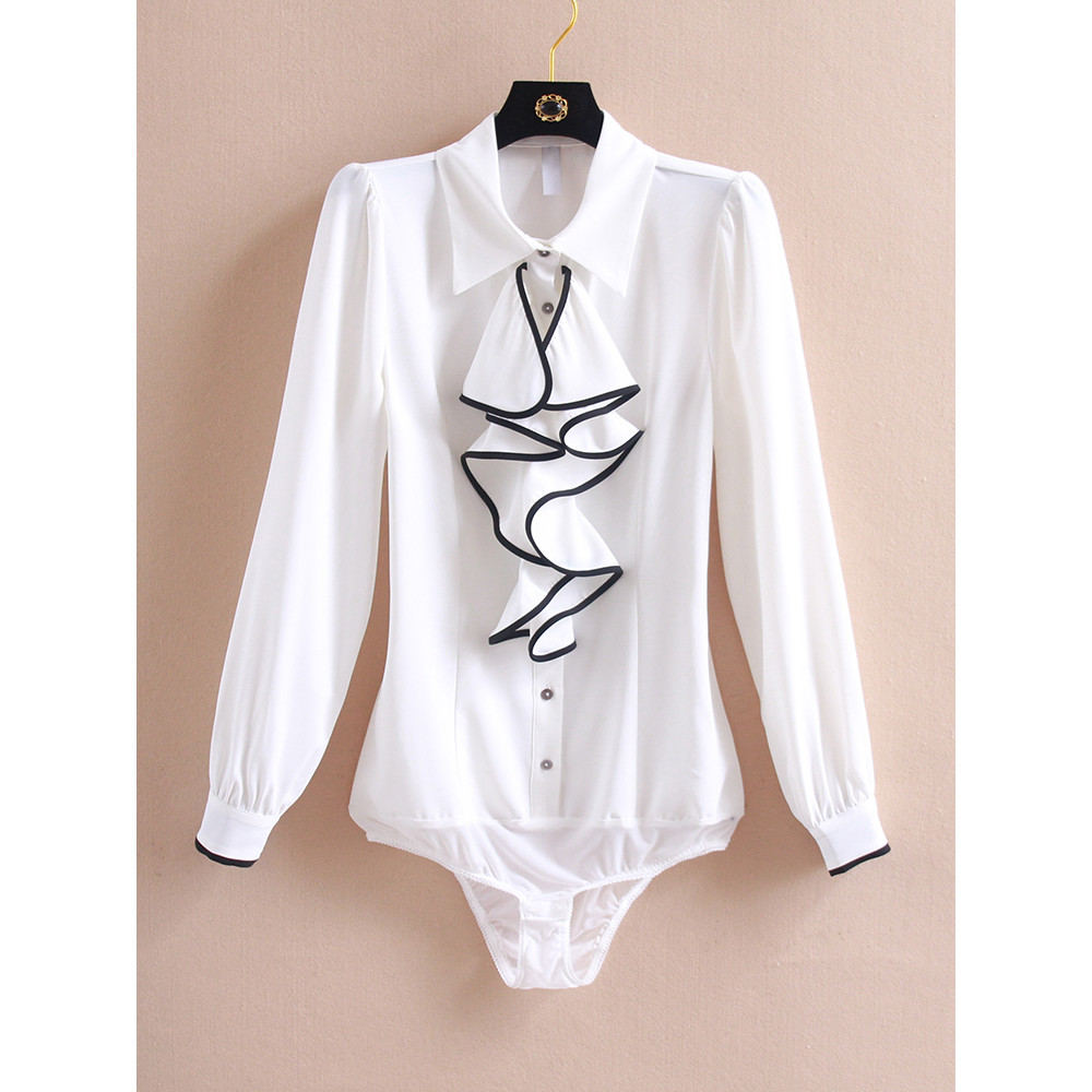 Romântico elegante babados estilo ocidental senhoras Chiffon camisa 2023 primavera outono estilo contraste cor branco ca