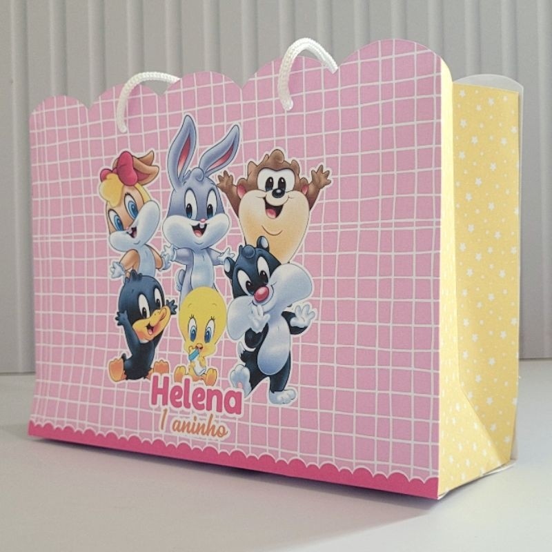 Sacolinha G Baby Looney Tunes Rosa Pegue Monte  Caixinha Lembrancinha Kit Festa Luxo Sacolinha Grande Rosa