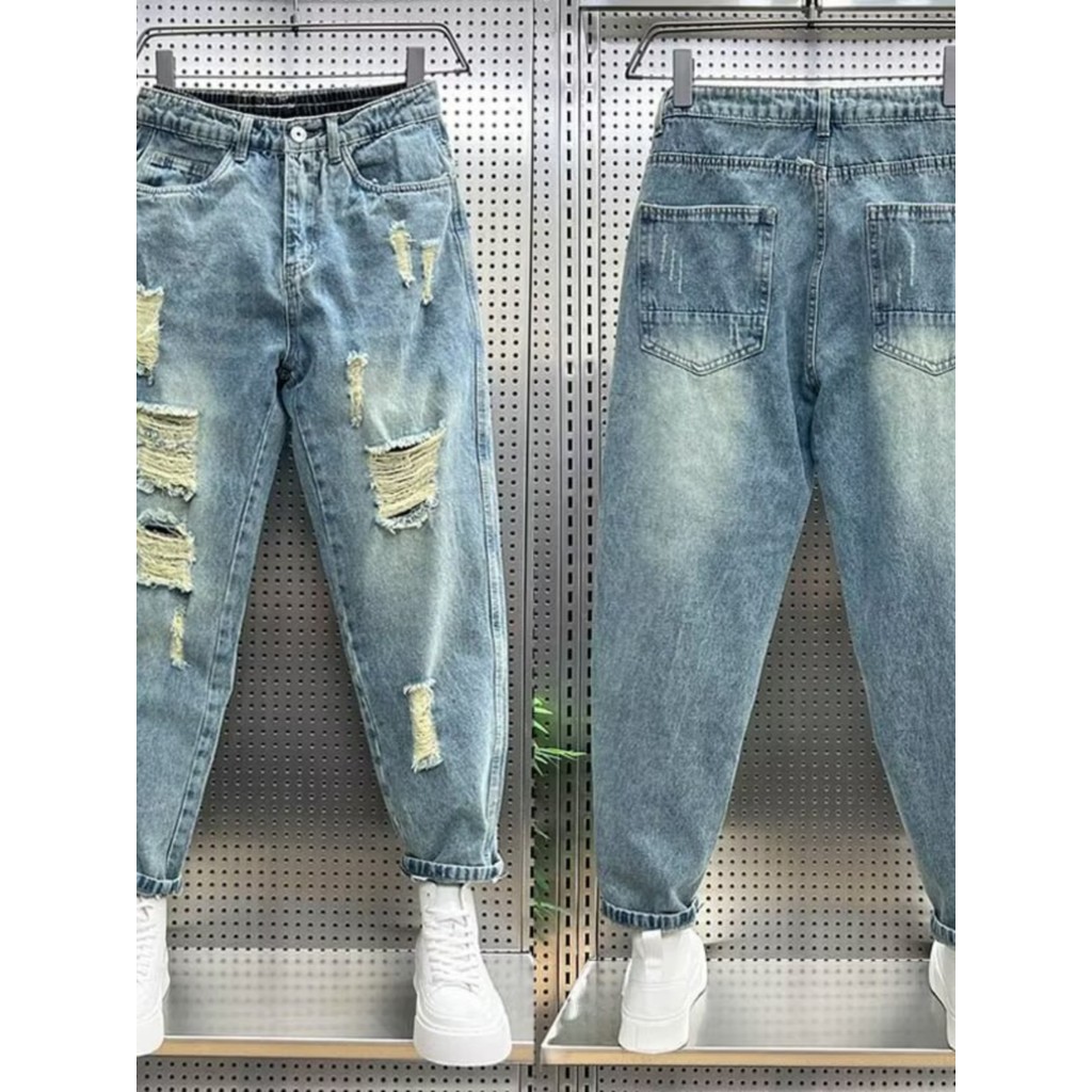 Retro rasgado Jeans masculino Street Wear plâncton bonito solto em linha reta Harem calças masculinas verão estilo fino