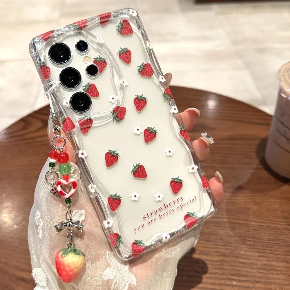 Bonito Padrão De Morango Pingente Caixa Para Samsung Galaxy A57 A17 A15 A16 A27 A37 A07 A26 A56 A36 A55 A54 Capa Transpa