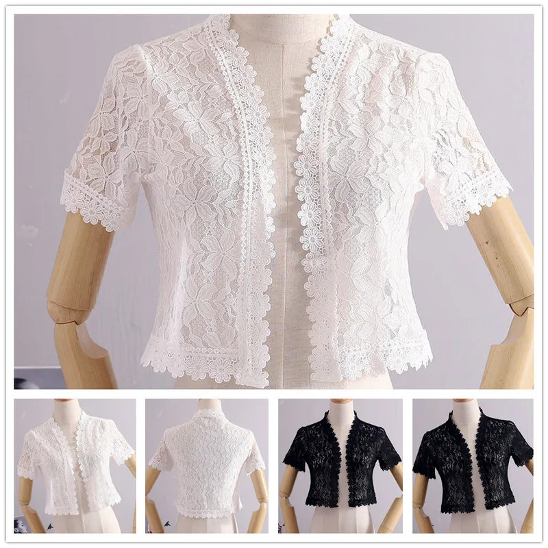Mulheres Verão Branco Preto Manga Curta Encolher Bolero Rendas Capa De Noiva Jaqueta Elegante Envolve Praia Xale Nupcial