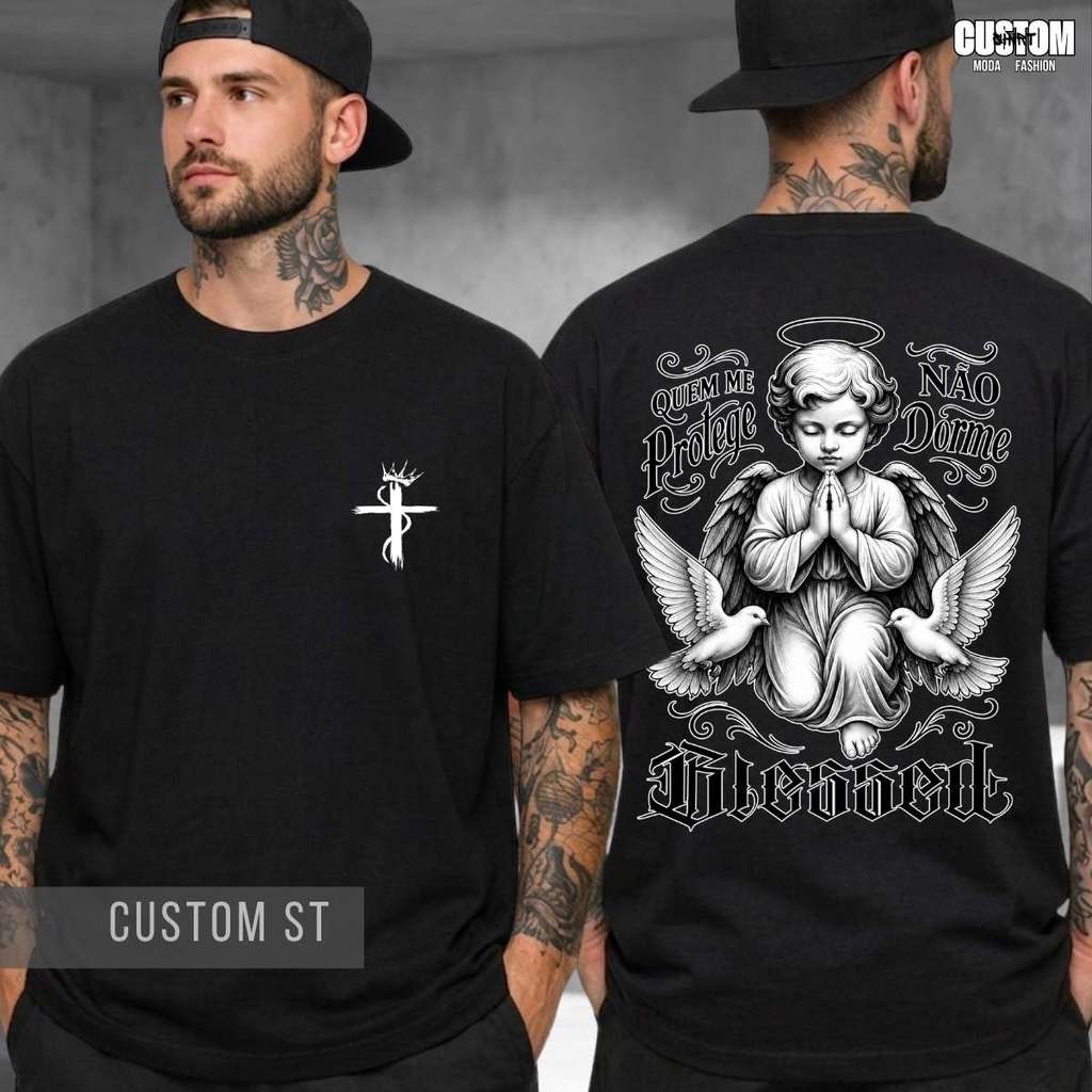 Camiseta Anjo Blessed Quem Me Proteje Não Dorme Abençoado Streetwear Unissex Oversized