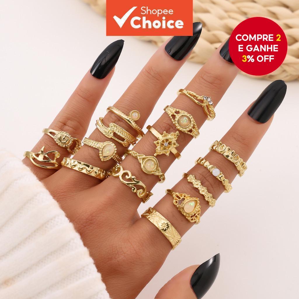 Conjunto De Anéis De Estrela De Lua Com Pedras Preciosas Estilo Real Vintage De 16 Peças Para Mulheres Coleção De Joias