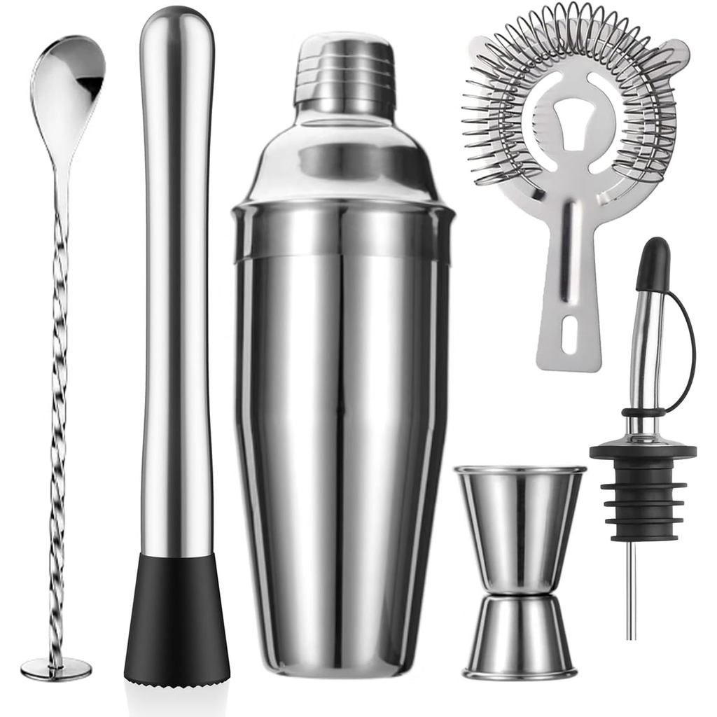 Conjunto de Coqueteleira ZPUFAW de 6 Peças, Coqueteleira de 24oz, Coador, Muddler, Medidor, Colher de Mistura, Bico Dosa
